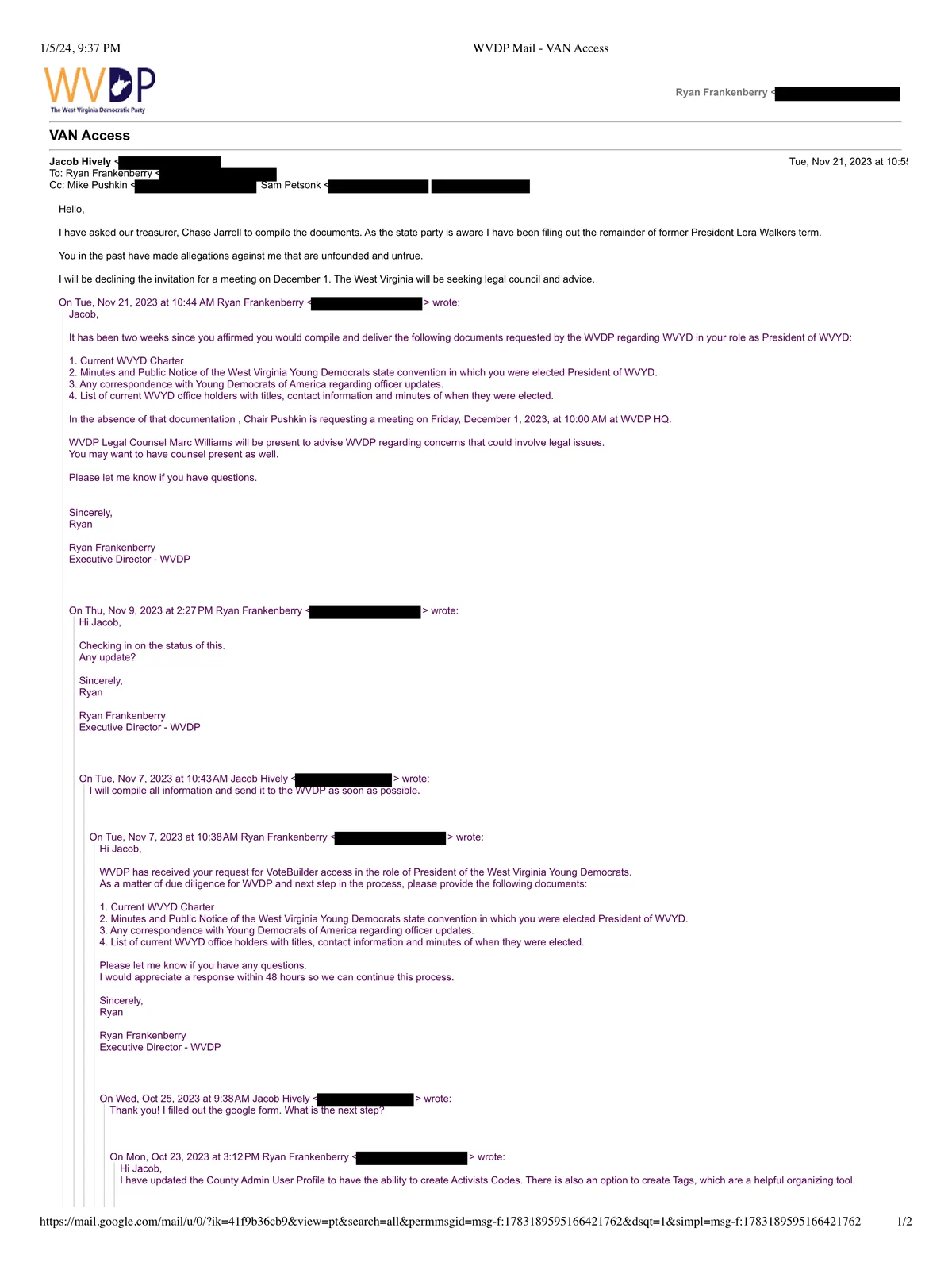 Preview of Frankenberry-Hively Email Chain re: VAN Access and Document Requests (November 7-21, 2023)